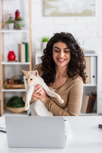 Smiling copywriter holding oriental cat near laptop at home
