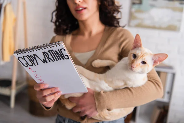 stock image Cropped view of blurred woman holding notebook with copywriting lettering and oriental cat at home 