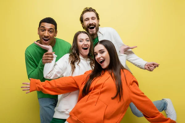 Excited Interracial Friends Having Fun Yellow Background — Foto de Stock