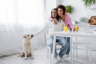 Smiling african ameican couple looking at camera near breakfast and labrador at home 