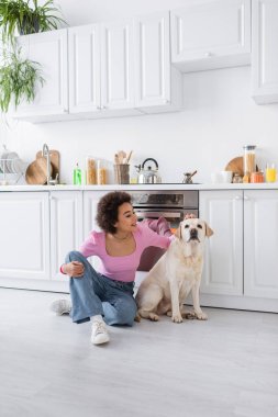 Smiling african american woman petting labrador on floor in kitchen 