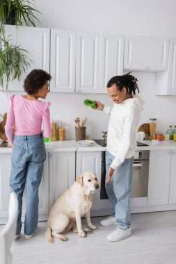 Smiling african american couple cleaning kitchen near labrador 