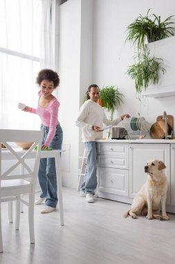 Positive african american woman holding cup and cleaning table near boyfriend and labrador in kitchen 