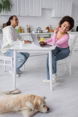 Positive african american freelancer using laptop near boyfriend and labrador at home 