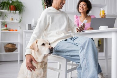 Labrador sitting near african american couple with devices in kitchen 