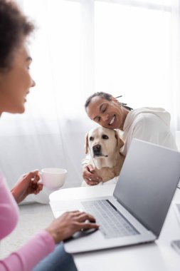 Blurred african american woman using laptop while boyfriend hugging labrador in kitchen 