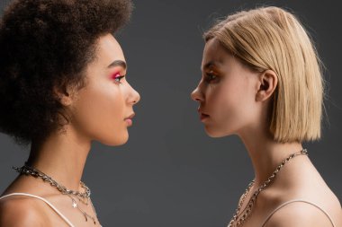 side view of blonde and brunette interracial models in bright visage and silver necklaces isolated on grey