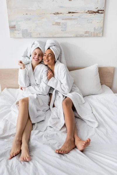 High Angle View Happy Interracial Women White Bathrobes Towels Smiling — 스톡 사진