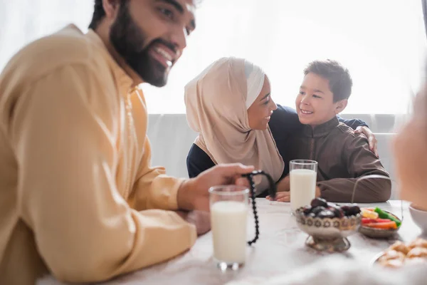 Positive African American Mother Hijab Hugging Son Family Suhur Breakfast — Stockfoto