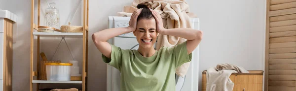 Tensed Woman Touching Head Washing Machine Laundry Room Banner — Foto de Stock