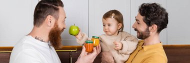 Same sex couple holding baby food near daughter with apple in kitchen, banner  clipart