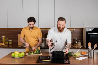 Bearded same sex couple cooking together in kitchen 