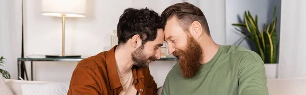 Pandangan Samping Pasangan Gay Berjanggut Duduk Sofa Rumah Spanduk — Stok Foto