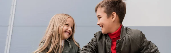 Happy Preteen Kids Bomber Jackets Looking Each Other While Standing — Stockfoto