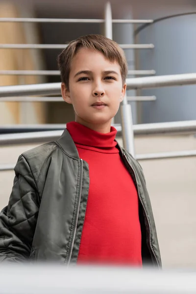 Preteen Boy Stylish Bomber Jacket Looking Camera Metallic Handrails Mall — Stok fotoğraf