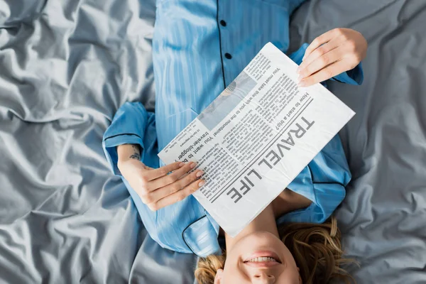 Top View Cropped Woman Smiling While Reading Travel Life Newspaper — Stock Photo, Image