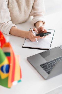 Bilgisayarın yanında akıllı telefon ve bulanık önplanda bayraklar kullanan dil öğretmeninin kırpılmış görüntüsü 