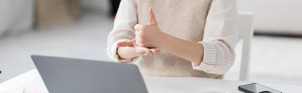 Cropped View Teacher Showing Sign Meaning Help Sign Language Online — Stock Photo, Image