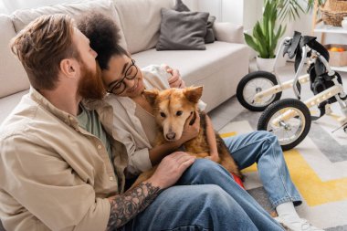 Sakallı adam, evinde özürlü köpeğiyle neşeli Afrikalı Amerikalı kız arkadaşını öpüyor. 