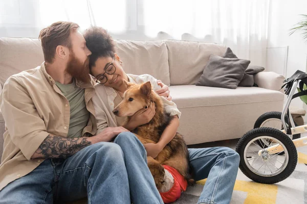 Tattooed man kissing happy african american girlfriend with disabled dog at home