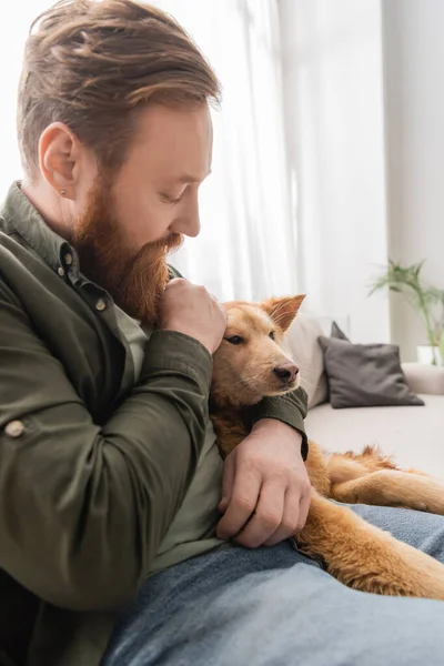 Side view of bearded man in jeans hugging dog on couch at home