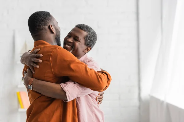 Ξέγνοιαστος Αφροαμερικάνος Που Αγκαλιάζει Ενήλικο Γιο Στο Σπίτι — Φωτογραφία Αρχείου