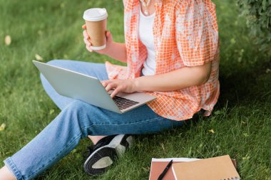 Genç serbest çalışanın elinde kağıt bardakla çimlerin üzerinde otururken dizüstü bilgisayar kullanması. 