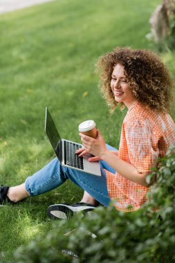 pleased freelancer with curly hair holding paper cup and using laptop while sitting on grass  clipart