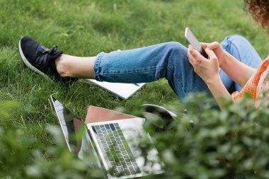 Akıllı telefon kullanan genç bir kadının dizüstü bilgisayarının yanında oturması ve çimlerin üzerinde defter tutması. 