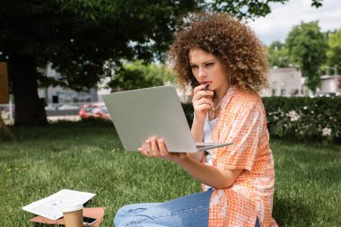 pensive freelancer with curly hair holding laptop while sitting in green park  clipart