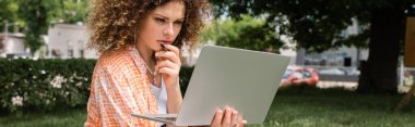 pensive freelancer with curly hair holding laptop while sitting in green park, banner  clipart