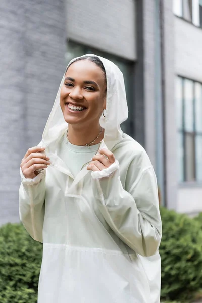 Smiling African American Woman Waterproof Raincoat Standing Rain Outdoors — Stock Photo, Image