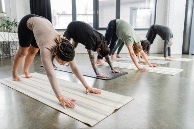 Genç Afrikalı Amerikalı kadın yoga sınıfında Down Face Dog Asana 'yı yapıyor. 