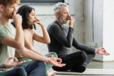 Mature man practicing nostril breathing and gyan mudra near interracial people in yoga studio  clipart