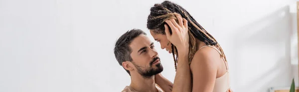 Side View Passionate African American Woman Dreadlocks Brunette Bearded Man — Stock Photo, Image