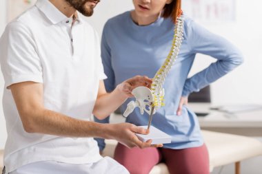 Osteopat 'ın rehabilitasyon merkezindeki randevusu sırasında omurga modelini hastaya göstermesi.