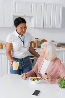 Mutfakta yemek yiyen, yaşlı, gri saçlı bir kadının yanında çay içen çok ırklı sosyal hizmet görevlisi. 