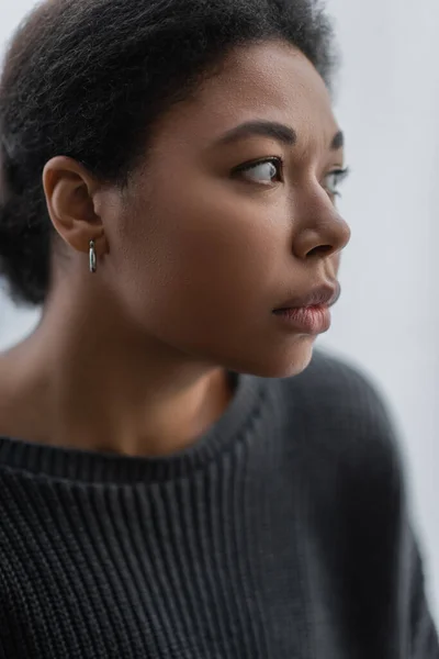 Frustrated Multiracial Woman Grey Knitted Sweater Looking Away Home — Stock Photo, Image