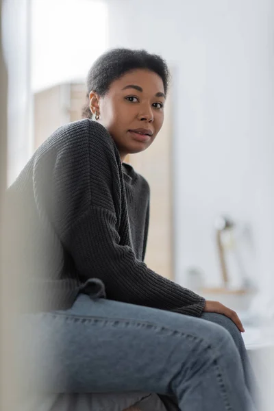 Stressed Multiracial Woman Mental Problem Looking Camera Blurred Bedroom Home — Stock Photo, Image