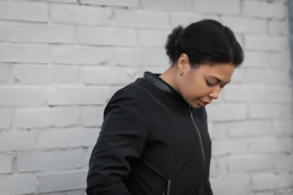 Depressed Multiracial Woman Jacket Looking Urban Street — Stock Photo, Image