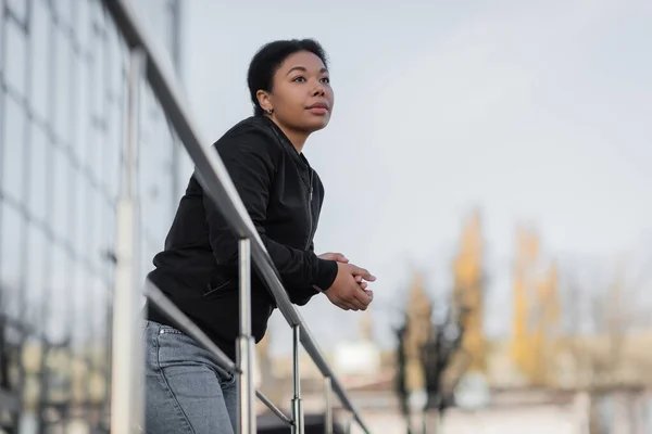 Multiracial Woman Mental Problem Looking Away While Standing Railing Street — Stock Photo, Image