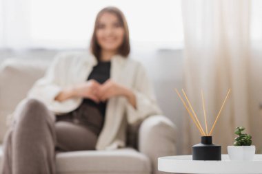 Oturma odasındaki bulanık kadının yakınındaki kahve masasının üzerine Aroma yayıcı ve bitki. 