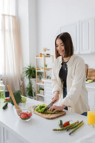 Positive Brunette Woman Cutting Lettuce While Cooking Salad Kitchen — Stock Photo, Image