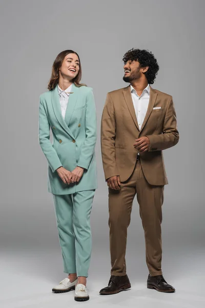 Full Length Positive Interracial Event Hosts Formal Wear Looking Each — Stock Photo, Image