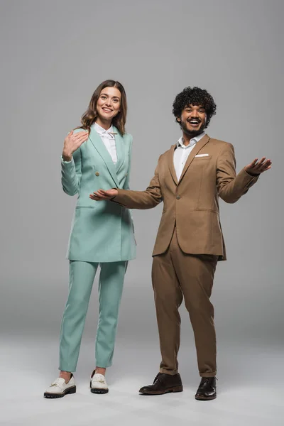 Full Length Positive Multiethnic Event Hosts Suits Looking Camera Performance — Stock Photo, Image