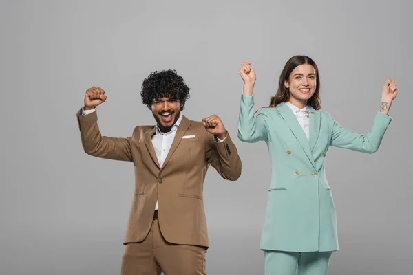 Excited Multiethnic Event Hosts Elegant Suits Showing Yes Gesture Looking — Stock Photo, Image