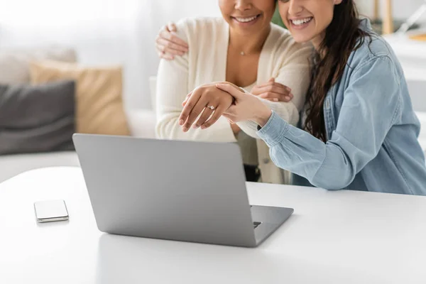 Cropped View Cheerful Interracial Lgbt Couple Showing Engagement Ring Video — Stock Photo, Image