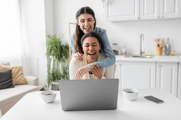 Happy Engaged Lesbian Couple Showing Engagement Ring Video Call Home — Stock Photo, Image
