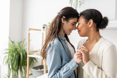 Çok neşeli ve ırklar arası lgbt çifti nişan sırasında el ele tutuşuyor. 