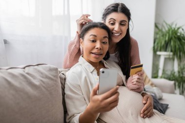 Lezbiyen partnerle online alışveriş yaparken elinde akıllı telefon tutan hamile bir kadın. 